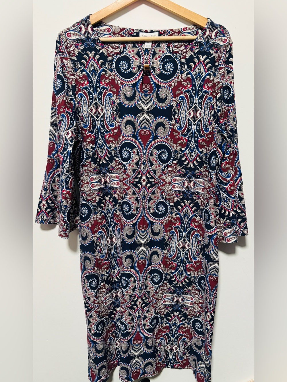 Charter Club Scoop Neck Long Bell Sleeves, Printed Dress XL